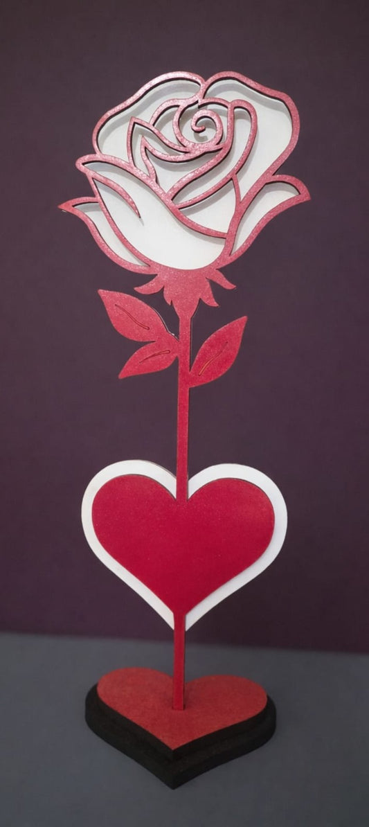 Personalised White & Red Rose on a Black & Red Stand