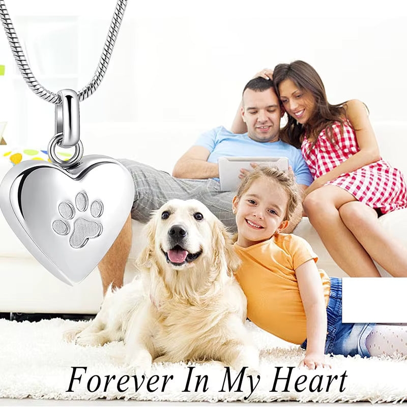 Paw Print Pet Heart Urn Necklace Memorial Keepsake